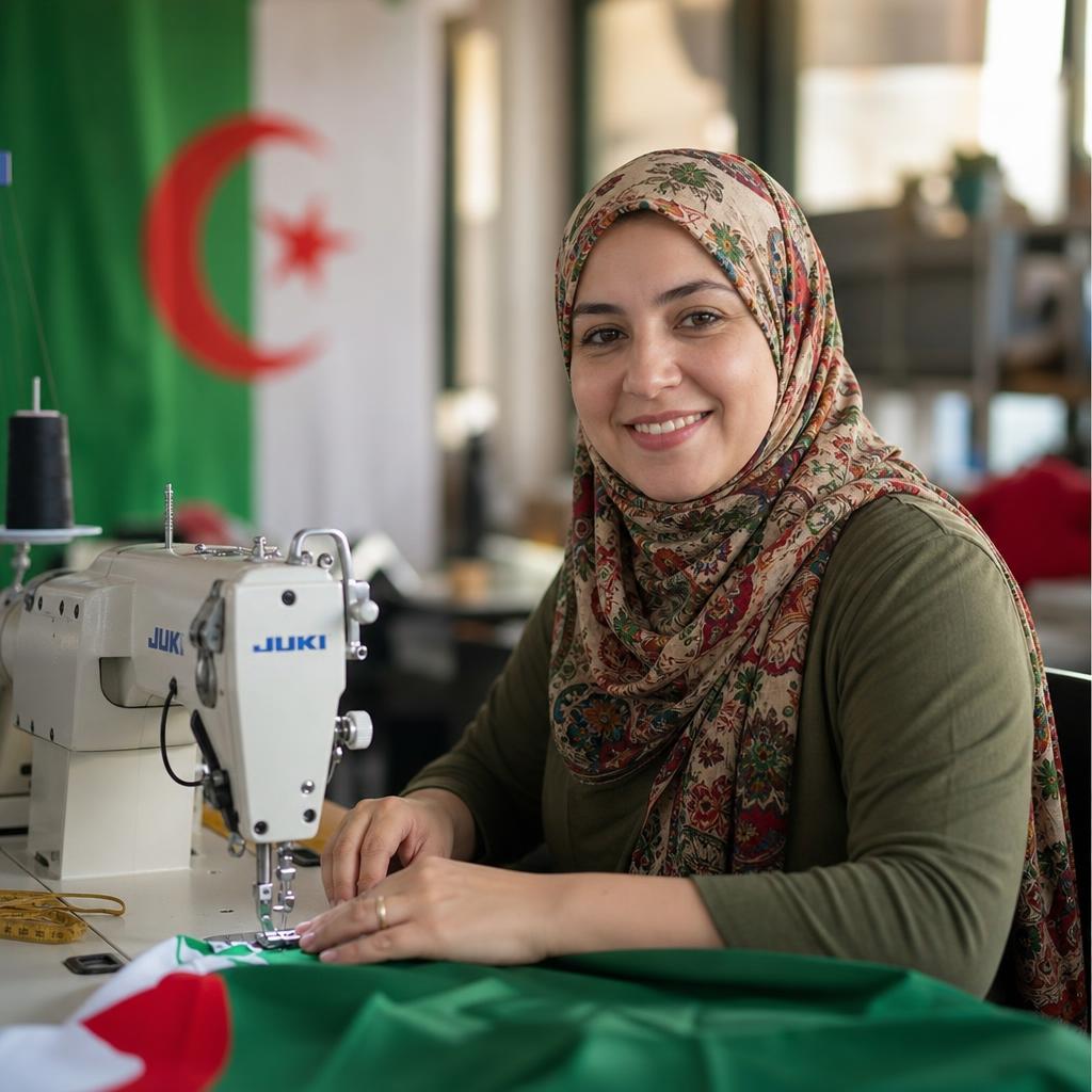 Couturière algérienne souriante au travail dans un atelier de confection