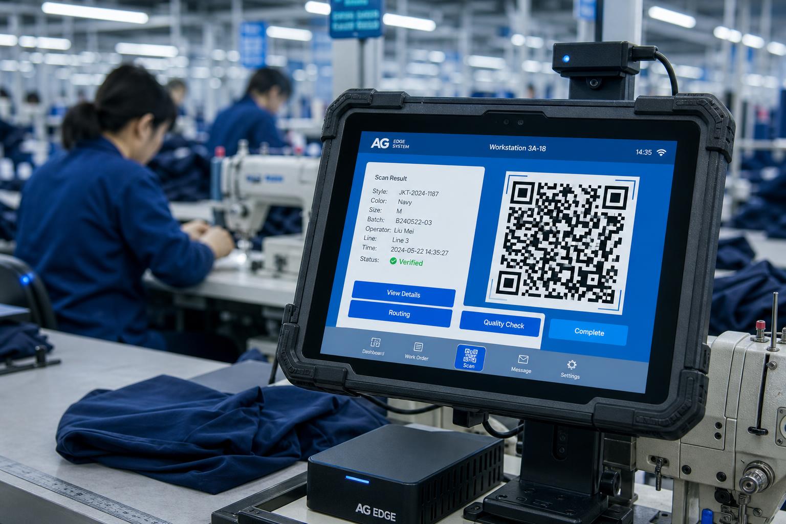 Tablette industrielle scannant un code QR sur un poste de production